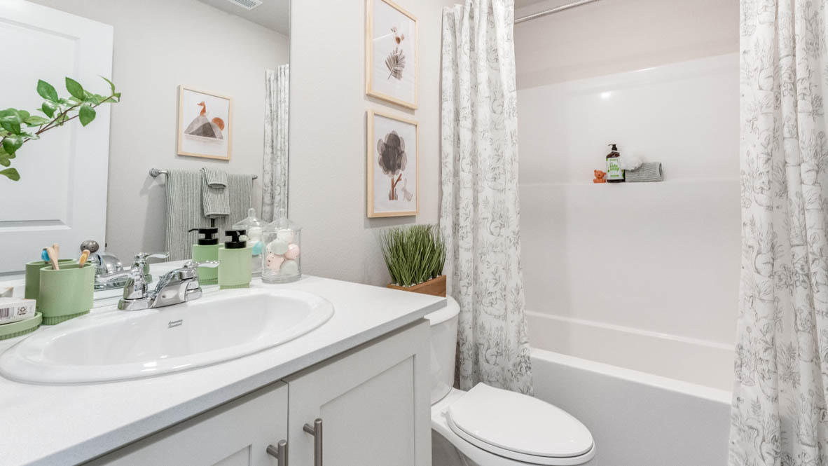 Terrace at Pleasant Valley Hall bathroom with solid surface countertops, a mirror, shaker cabinets, a toilet, and a shower tub