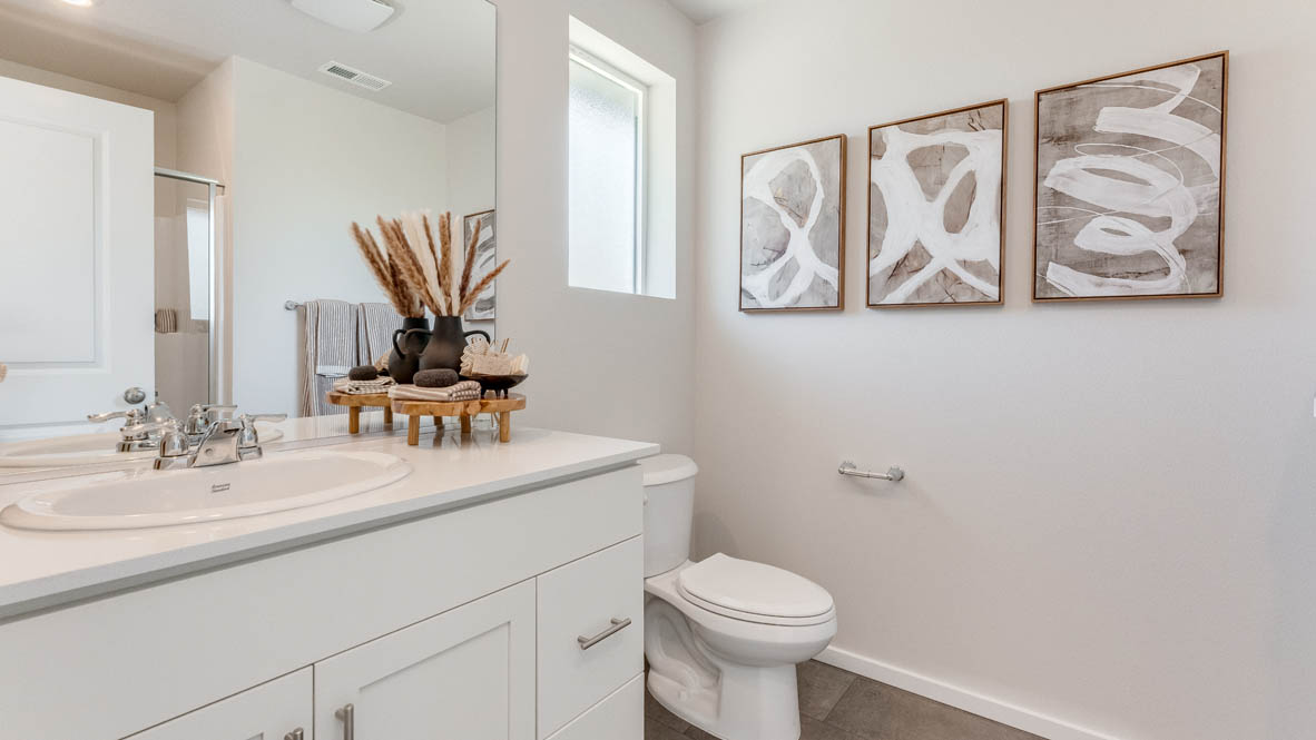 Terrace at Pleasant Valley Primary bathroom with a double vanity with solid surface countertops, mirror, shaker cabinets, toilet, flooring, two decorations, and walk in shower