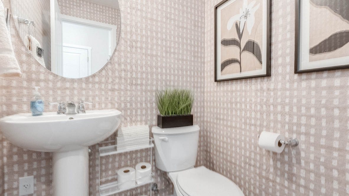 Terrace at Pleasant Valley powder room with white single sink vanity, a round mirror, toilet with a grass plant, two paintings, and white walls
