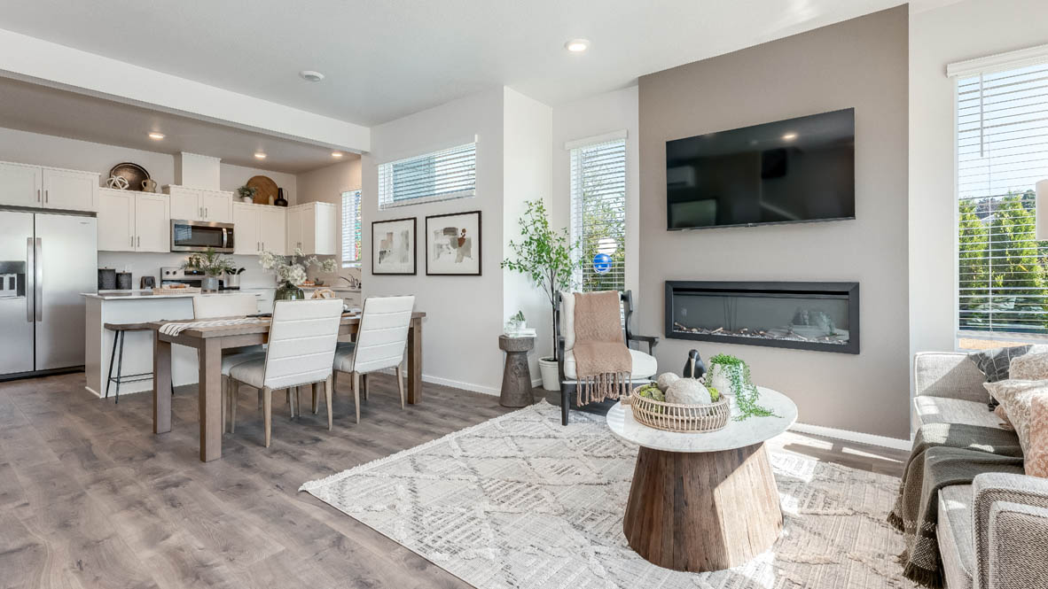 Terrace at Pleasant Valley Great room with a white couch and pillows, electric fireplace, chair, white rug, wood coffee table, laminate flooring, and a window