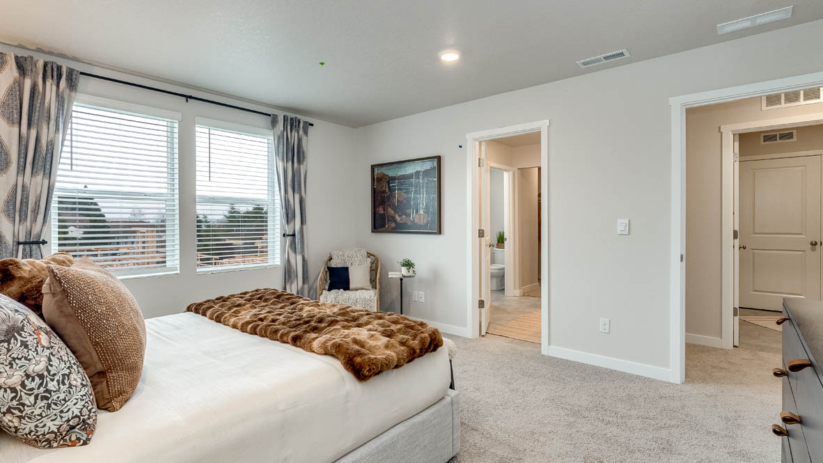 Butler Creek Crossing Primary bedroom with white carpet, three hanging paintings, two side tables, two lamps, a chair, windows with curtains