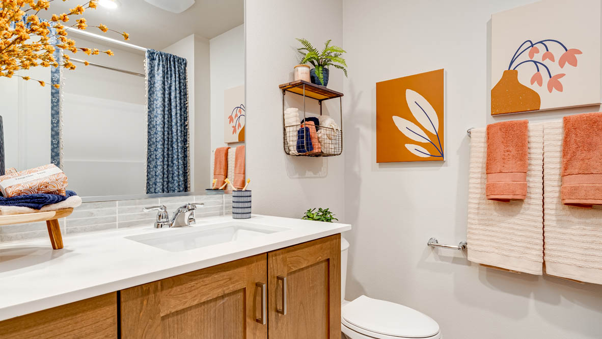 Butler Creek Crossing Secondary Bathroom with single sink vanity, orange accent towels, paintings, quartz countertops, and a toilet