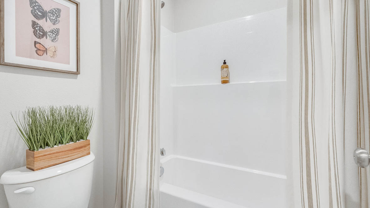 Butler Creek Crossing secondary bathroom with the toilet, white shower tub, painting, and shower curtains