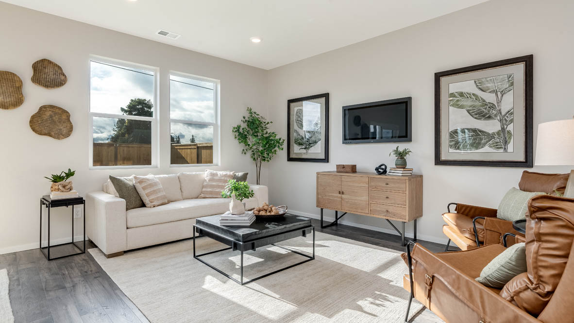 East Park Village great room with laminate flooring, white carpet, a brown chair, entertainment center, white couch, glass coffee table, plants, paintings, and a tv