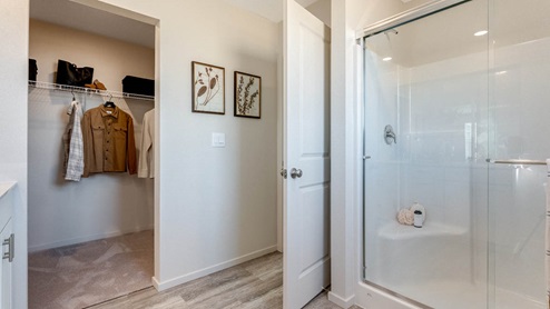 East Park Village Primary bathroom with a double sink vanity, walk in shower, laminate flooring and a walk in closet