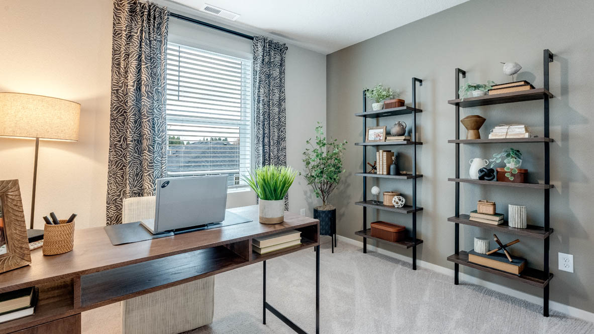 East Park Village Den with shelving, brown work desk, lamp, and carpet