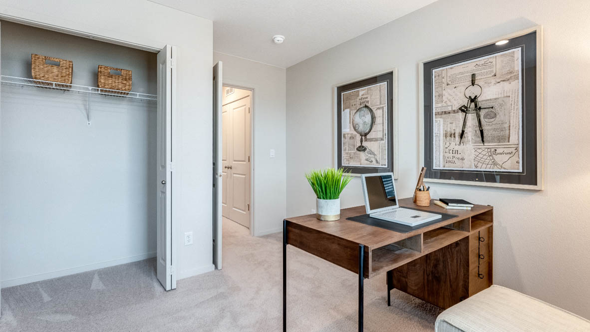 East Park Village Den with shelving, brown work desk, lamp, two paintings, closet, and carpet