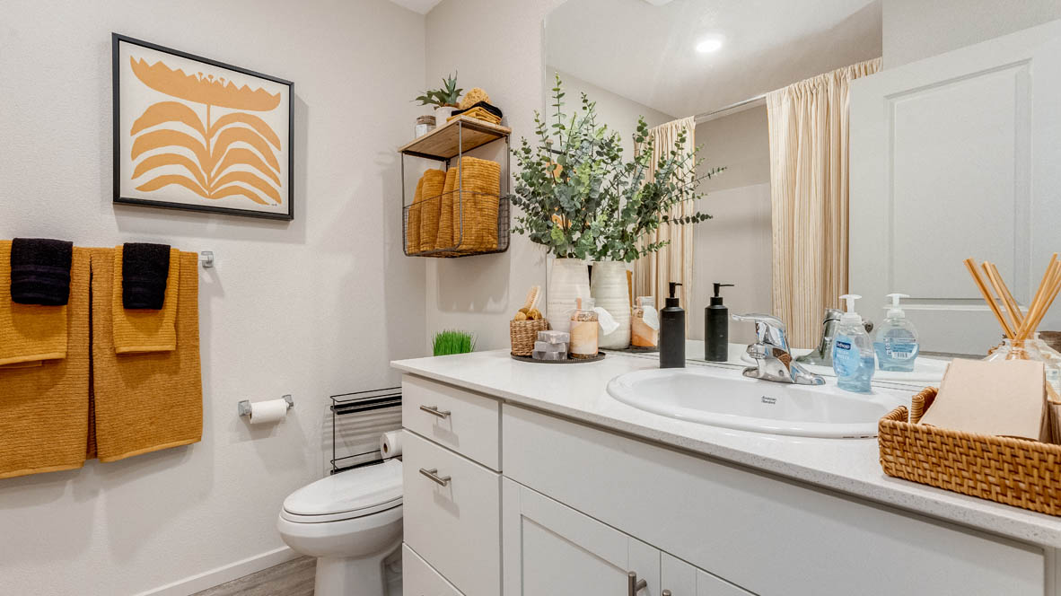 East Park Village bathroom with towels, quartz countertops, cabinets, decorative flowers, and a painting, mirror