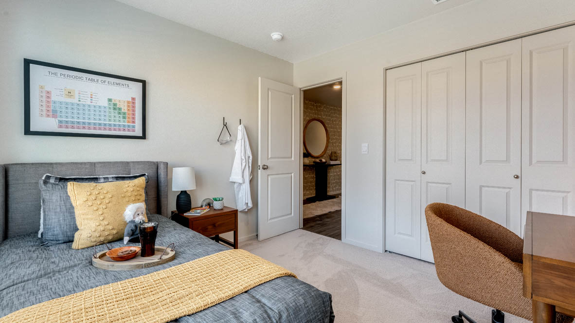 East Park Village Bedroom with bed, carpet, closet, paintings, end table with lamp, and paintings