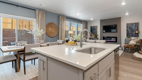 Misty Meadows kitchen with island and painted shaker style cabinets with stainless steel appliances and dining and great room