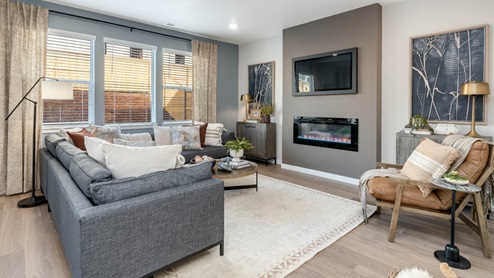 Misty Meadows great room with accent wall fire place, sectional L shaped couch over an area rug with a coffee table a leather chair