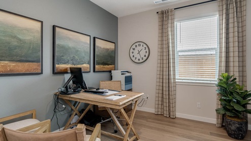 Misty Meadows den with accent wall and desk set up for office