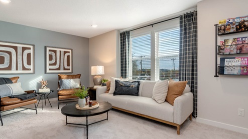 Misty Meadows bonus room with accent wall and couch facing a media console and tv