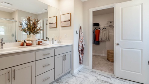 Misty Meadows primary bathroom with tile flooring and shaker style cabinets and walk in closet