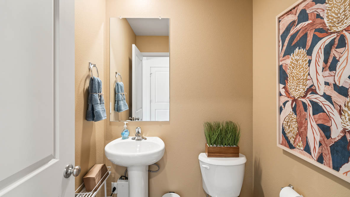 Addysen Park powder room with yellow walls and painting and pedestal sink with rectangular mirror