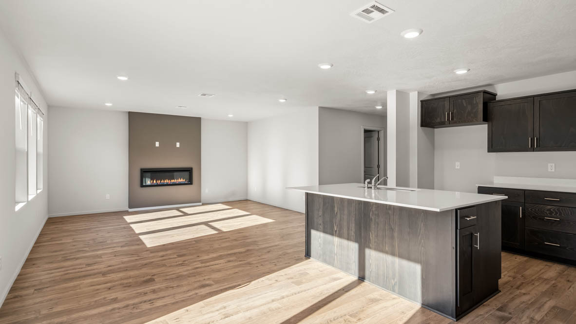 Addysen Park great room and Kitchen with flooring, stainless steel appliances, quartz countertops