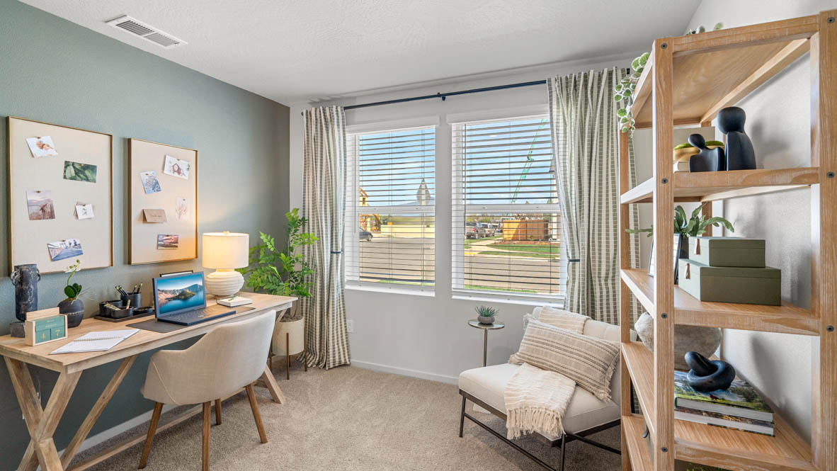 Addysen Park bedroom with carpet, bedroom with pillows, dresser, circle mirror, windows, nightstand with lamp