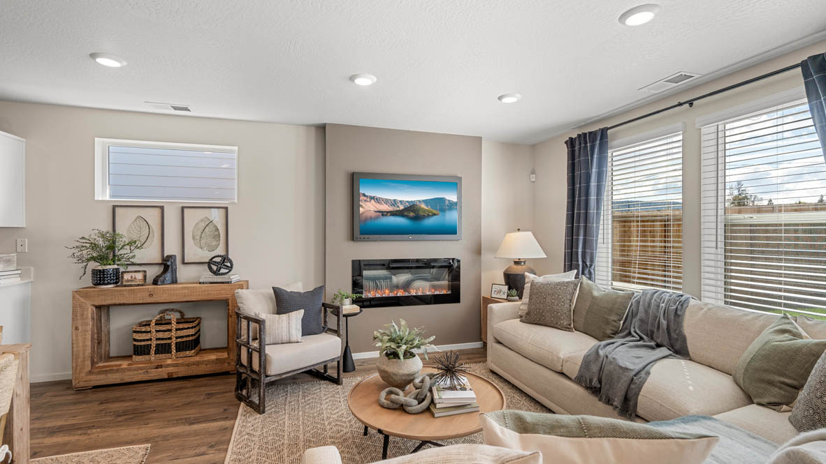 Addysen Park great room with an electric fireplace, couches, coffee table, windows, blinds, and flooring