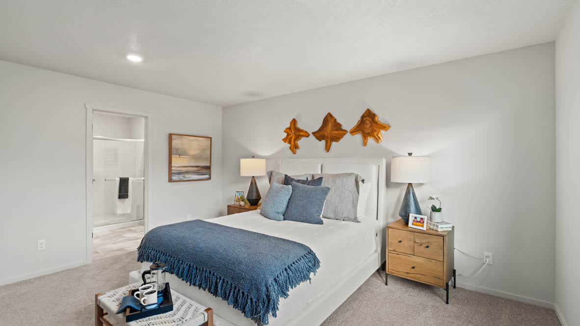 Addysen Park Primary bedroom with carpet, bedroom with pillows, dresser, windows, nightstand with lamp, and the en suite bathroom in the background