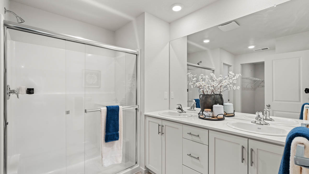 Addysen Park primary bathroom with vanity, mirror, toilet, quartz countertops, decorations