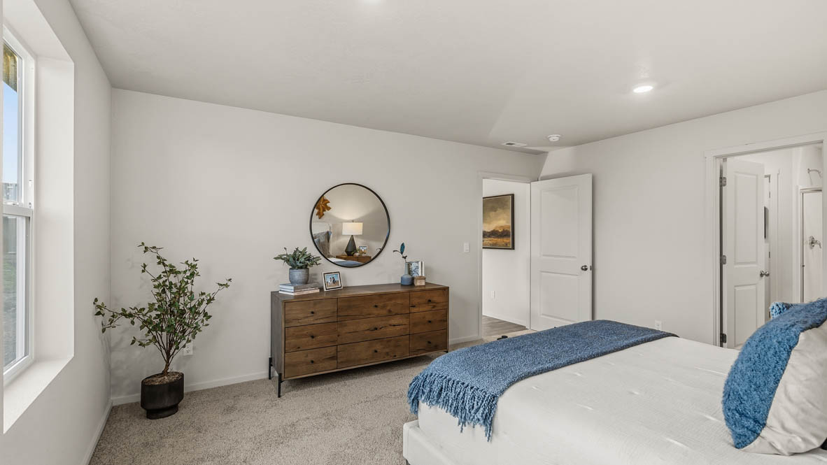Addysen Park Primary bedroom with carpet, bedroom with pillows, dresser, windows, nightstand with lamp, and the en suite bathroom in the background