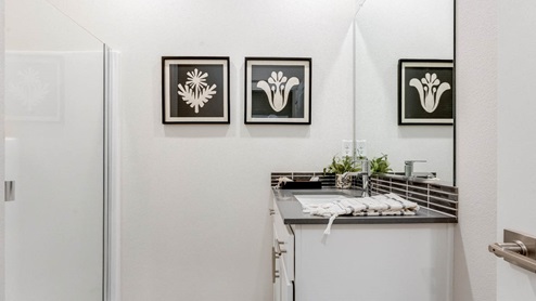 Avery Terrace Bathroom with single sink vanity and dark countertops