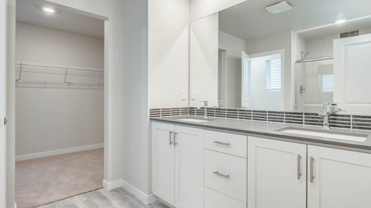 Avery Terrace primary bathroom with mirror, cabinets, walk in closet, solid surface countertops