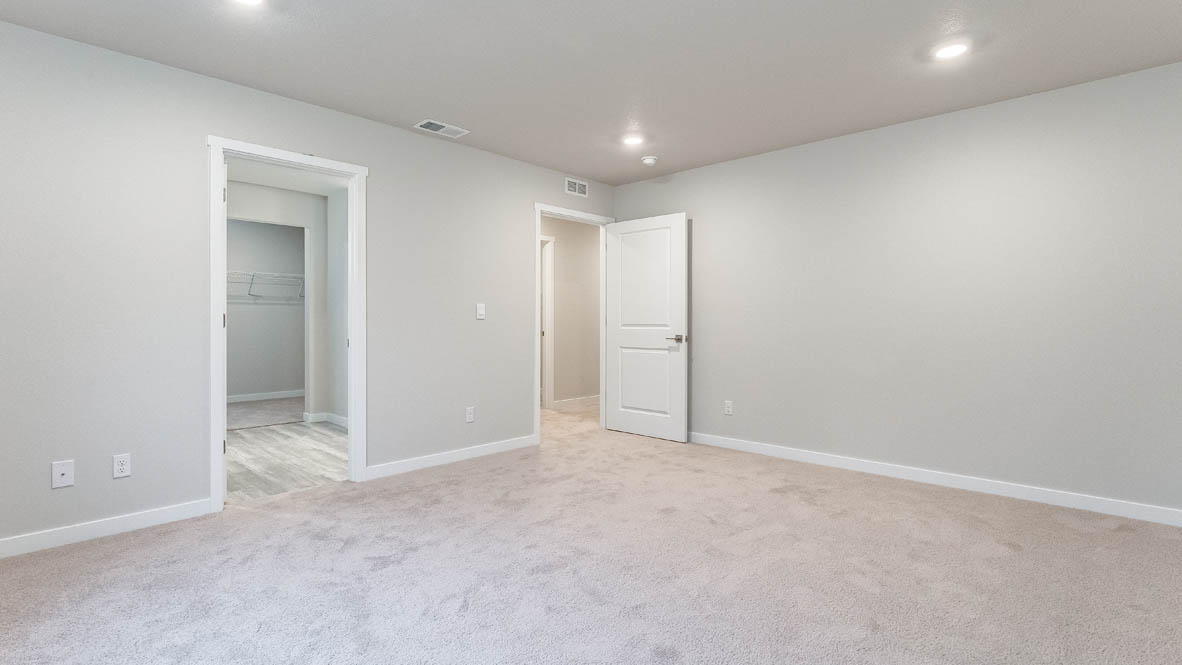 Primary bedroom with wall-to-wall carpet, a walk-in closet and an attached bathroom