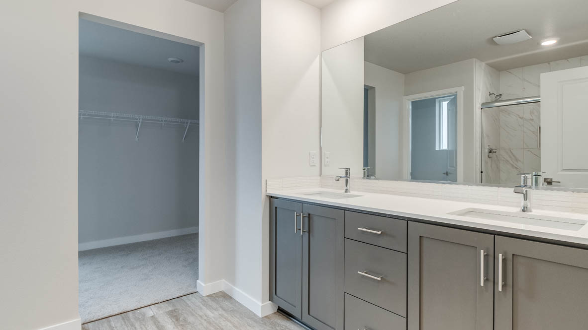 Avery Terrace primary bathroom with mirror, cabinets, walk in closet, solid surface countertops