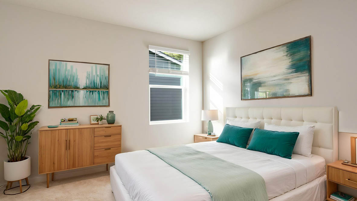 Avery Terrace bedroom with a queen sized bed and carpeting