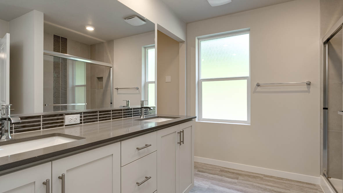 Primary bathroom with quartz counters and a walk-in shower