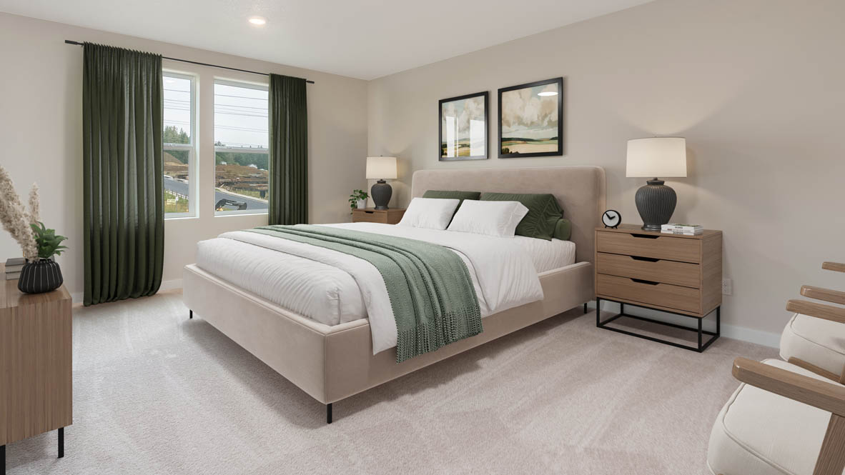 Avery Terrace primary bedroom with bed and gray side tables
