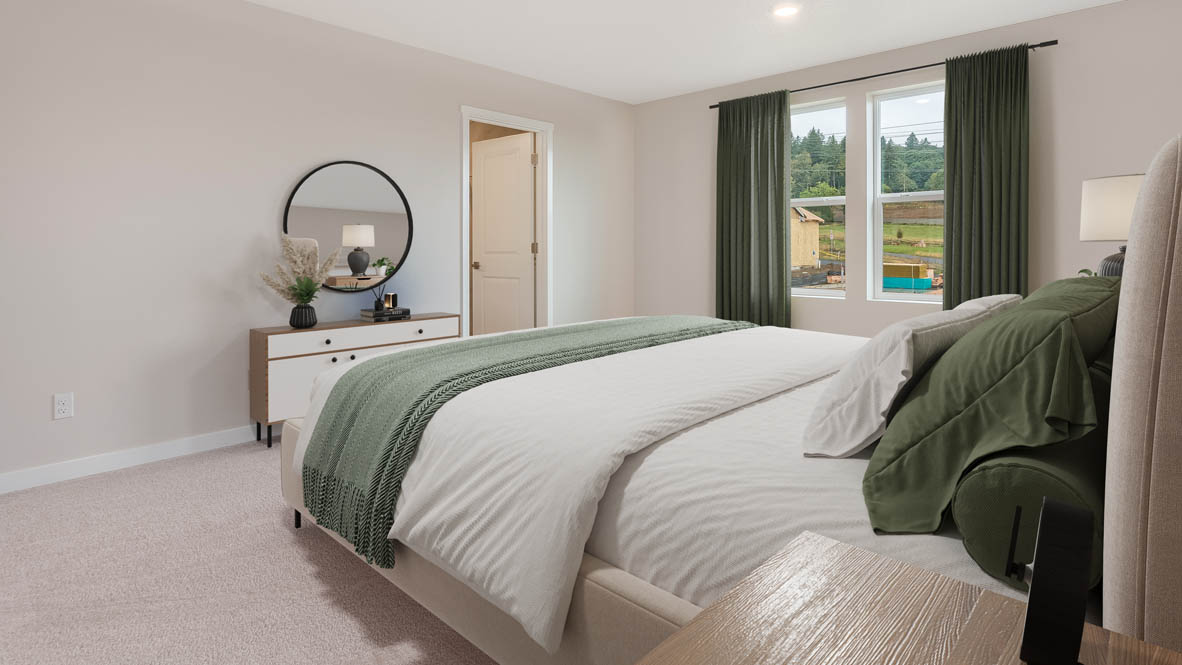 Avery Terrace primary bedroom with bed and brown side tables