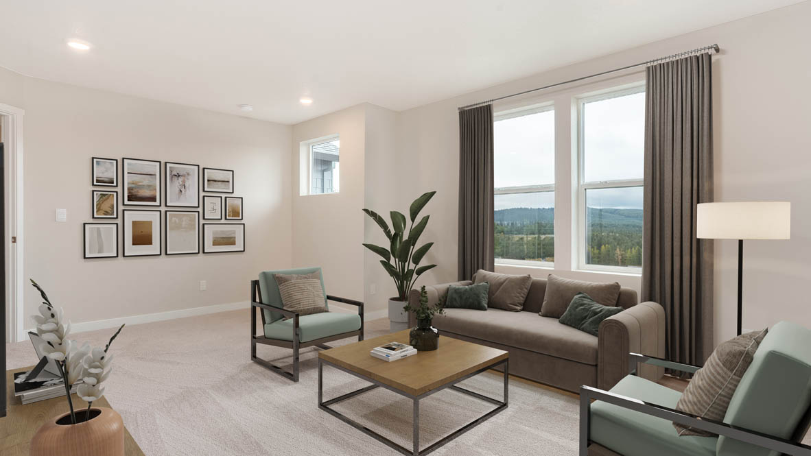 Avery Terrace bonus room with couch and two accent chairs around a coffee table