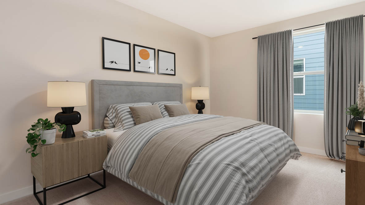 Avery Terrace primary bedroom with bed and gray side tables