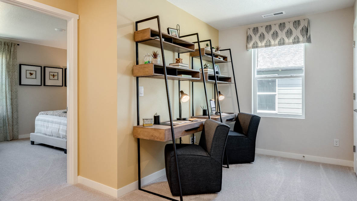 Avery Terrace Tech niche with two desk set ups and storage shelving