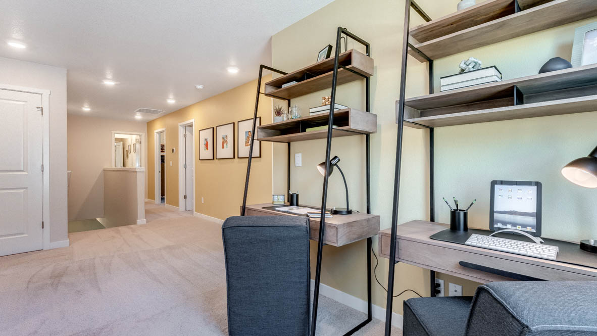 Avery Terrace Tech niche with two desk set ups and storage shelving