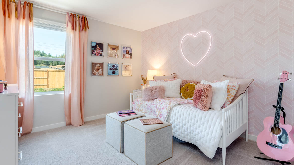 Avery Terrace Bedroom with a pink theme, a twin sized day bed, carpeted flooring, windows with drapes
