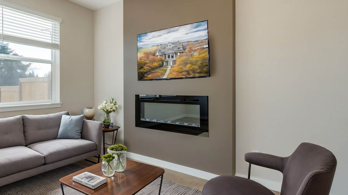 Avery Terrace great room with electric fireplace and painted accent wall, tv, windows, blue drapes, orange couch, coffee table, chair