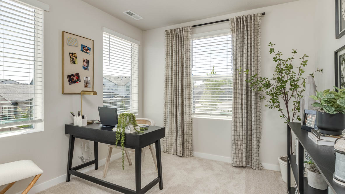 Gordon Creek Pointe office with a desk and a table, plants, carpet, curtains, chair, and picture frame