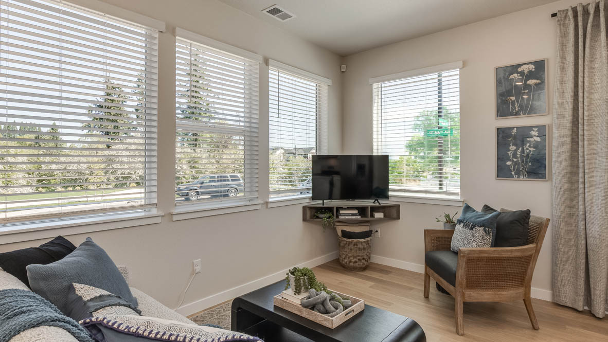 Gordon Creek Pointe Great room with windows, blinds, chair with pillows, tv and entertainment center, picture frames, couch with blanket and pillow, coffee table