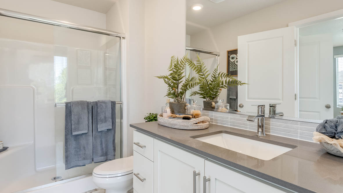 Gordon Creek Pointe Primary Bathroom with vanity, mirror, toiletries, toilet, and walk in shower