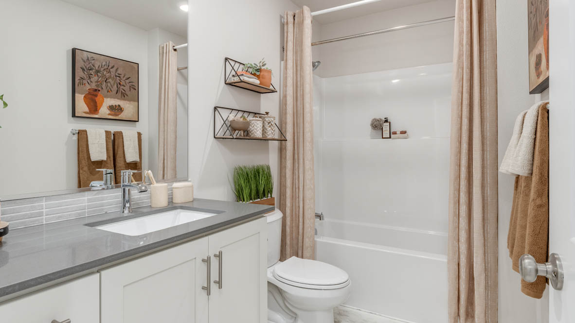 Gordon Creek Pointe Bathroom with quartz countertops, white cabinets, mirror, toilet, hanging decor, and bathtub