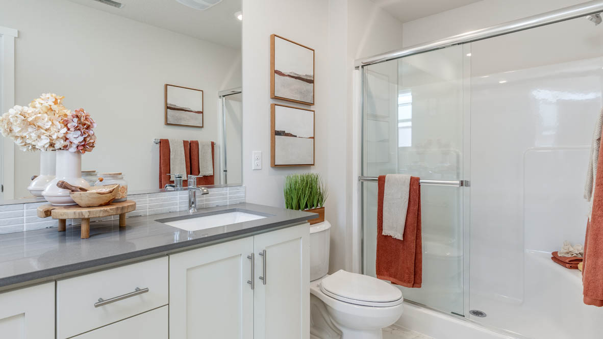 Gordon Creek Pointe Primary Bathroom with vanity, mirror, toiletries, toilet, and walk in shower