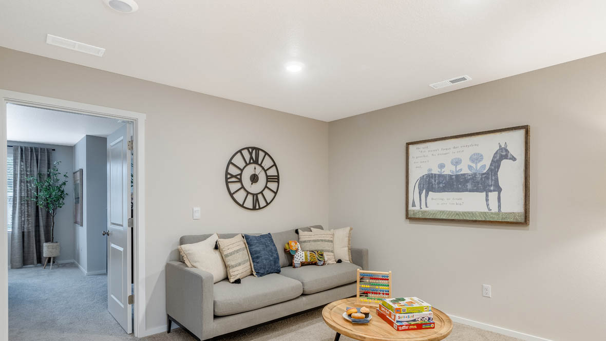 Blue Pearl Tech niche with couch and TV set up