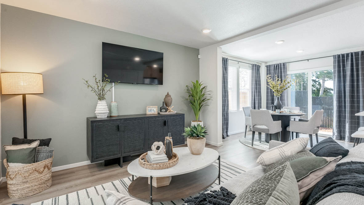 Great room with laminate flooring