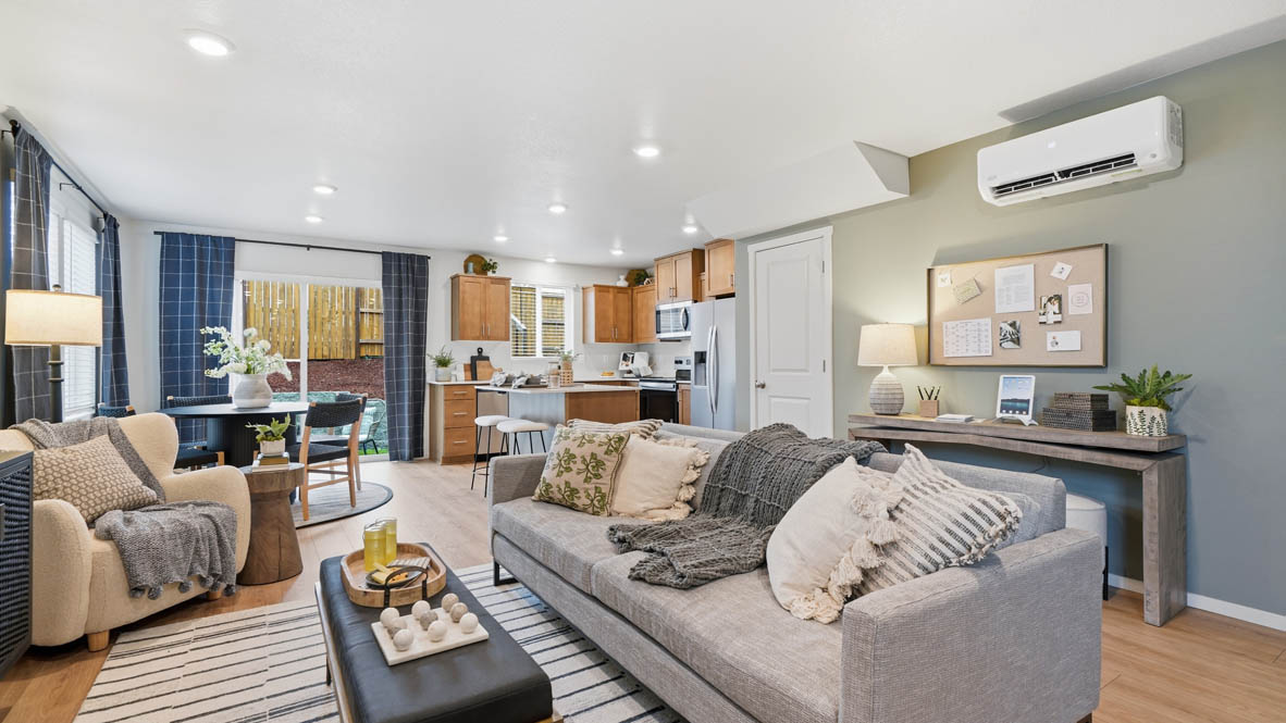 Great room with laminate flooring