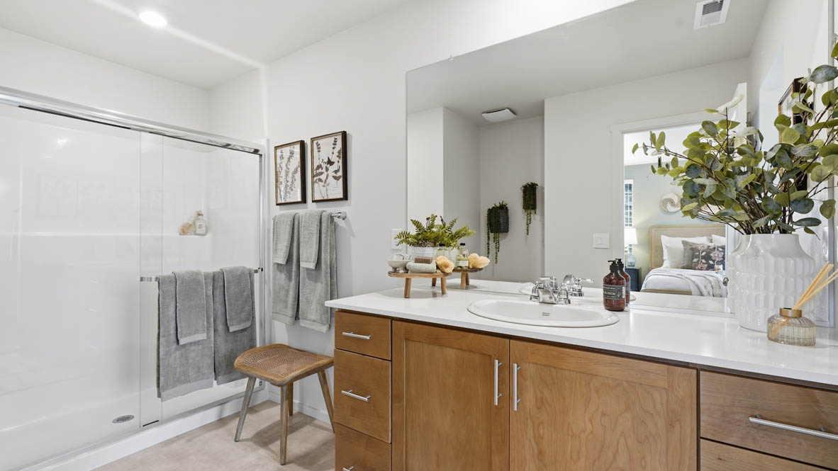 Primary bathroom with quartz counters and a walk-in shower