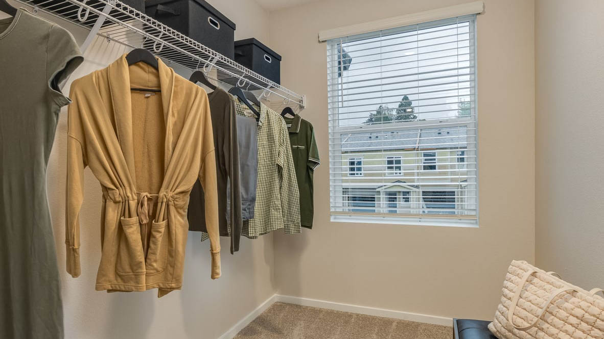 Blue Pearl Laundry with white wire shelving and window