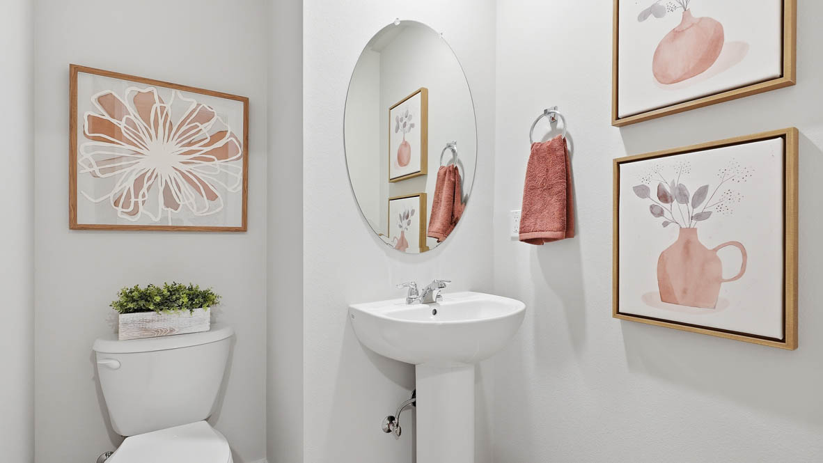 Thunder Ridge powder room with white single sink vanity, a round mirror, toilet with a grass plant, two paintings, and white walls